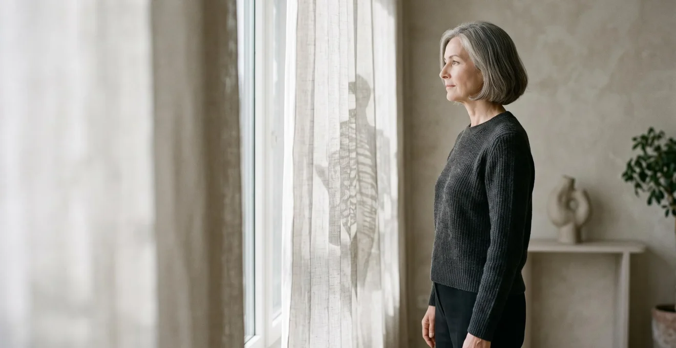 A contemplative senior woman standing by a window, symbolizing the invisible progression of bone density loss