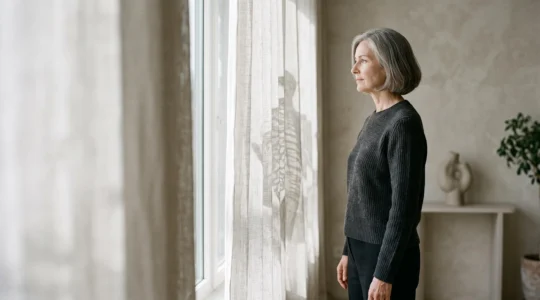 A contemplative senior woman standing by a window, symbolizing the invisible progression of bone density loss