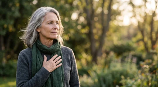 Close-up editorial portrait of an active senior adult in warm natural light, symbolizing heart resilience through the decades after 55