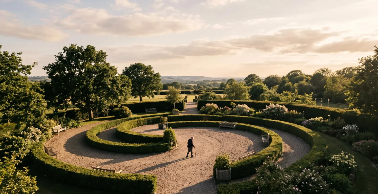 A winding spiral garden path viewed from above, symbolizing the slowing digestive journey of aging