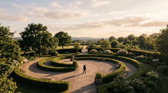 A winding spiral garden path viewed from above, symbolizing the slowing digestive journey of aging