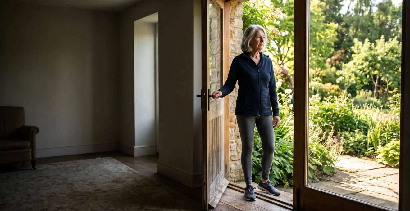 An older adult standing at a threshold between a sunlit garden and a quiet, shadowed room, symbolizing physical health without emotional fulfillment in retirement.