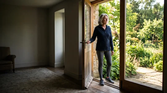 An older adult standing at a threshold between a sunlit garden and a quiet, shadowed room, symbolizing physical health without emotional fulfillment in retirement.