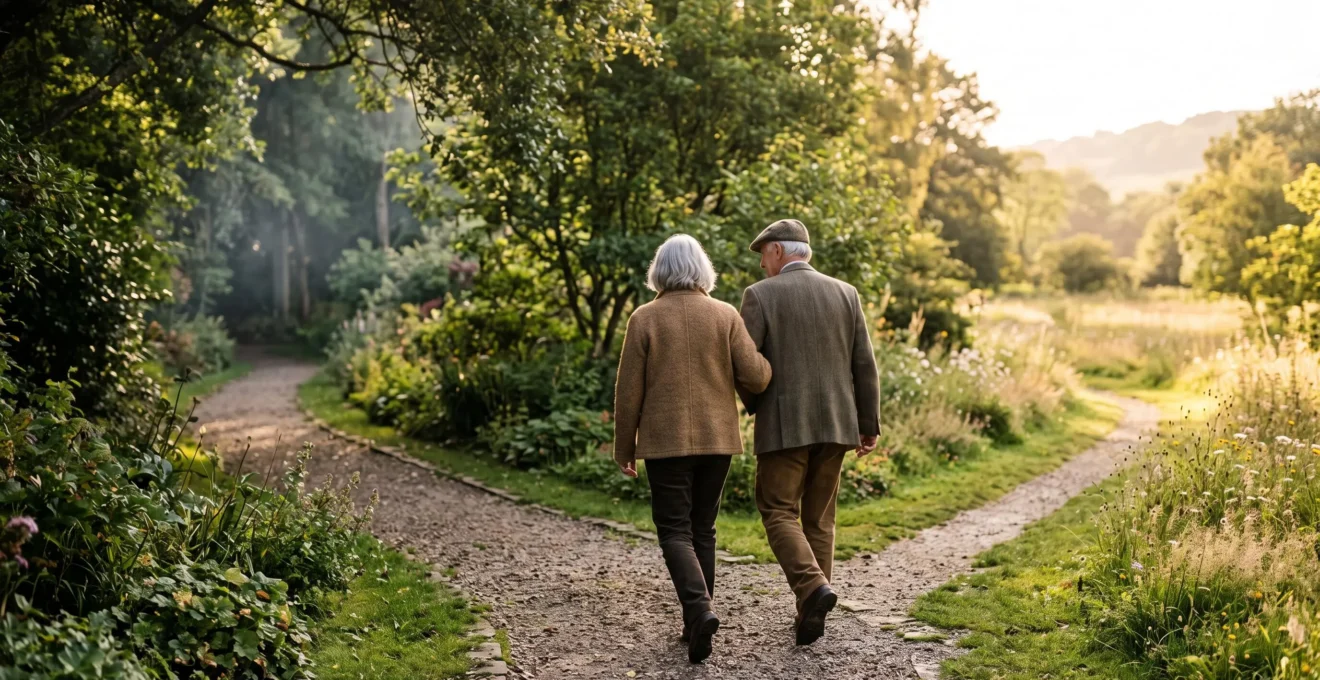 Two people of the same age walking on divergent paths, symbolizing different ageing trajectories after sixty