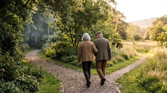 Two people of the same age walking on divergent paths, symbolizing different ageing trajectories after sixty