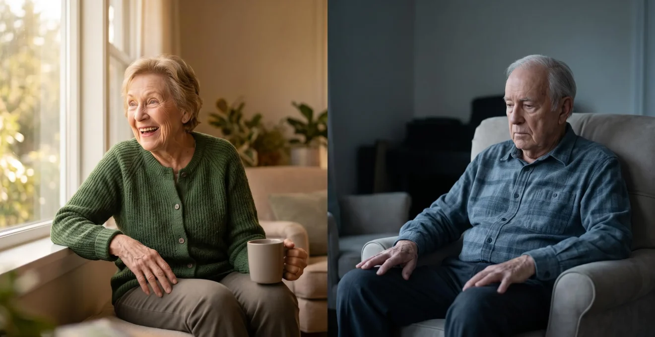 Split editorial portrait contrasting a vibrant, engaged senior with a withdrawn, fatigued senior, symbolizing divergent brain aging paths