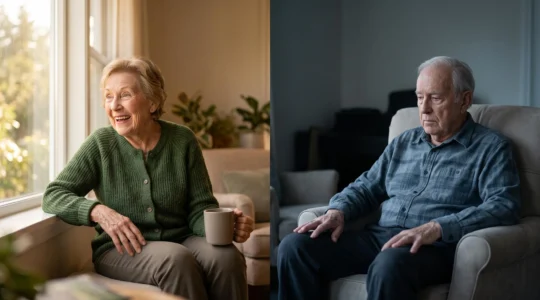 Split editorial portrait contrasting a vibrant, engaged senior with a withdrawn, fatigued senior, symbolizing divergent brain aging paths