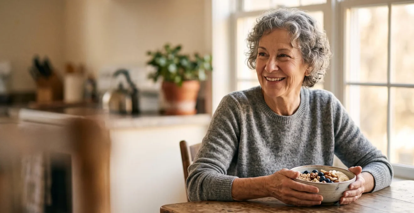 Senior adult enjoying a wholesome morning meal by a sunlit window, symbolizing digestive vitality and healthy aging after 60