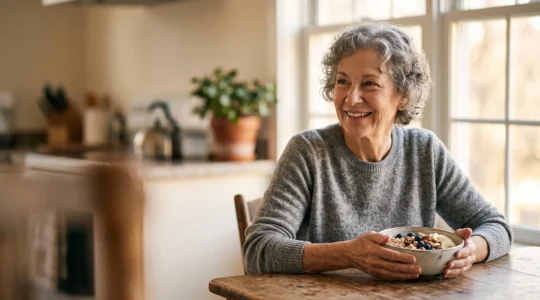Senior adult enjoying a wholesome morning meal by a sunlit window, symbolizing digestive vitality and healthy aging after 60