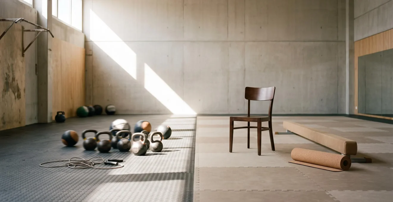 Split visual metaphor showing a vigorous young trainer's workout space beside a calmer, balance-focused senior exercise setup