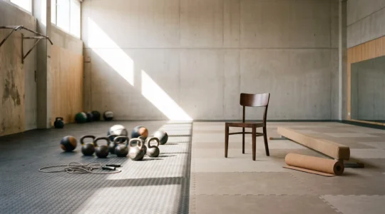 Split visual metaphor showing a vigorous young trainer's workout space beside a calmer, balance-focused senior exercise setup