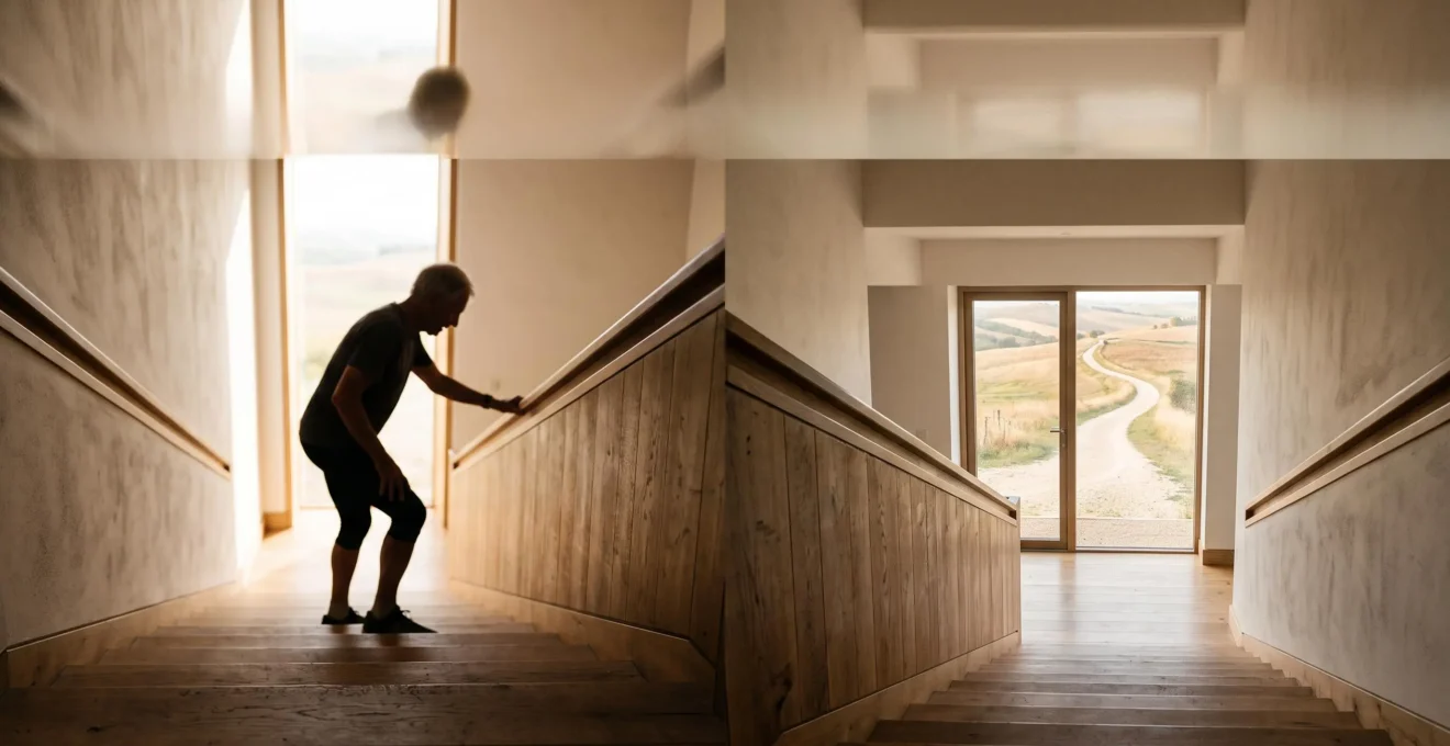 Split visual metaphor showing the contrast between an older adult pausing on stairs and an active runner from decades earlier, symbolizing changes in stamina with age