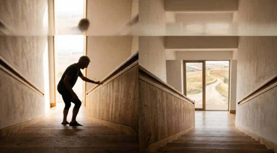 Split visual metaphor showing the contrast between an older adult pausing on stairs and an active runner from decades earlier, symbolizing changes in stamina with age