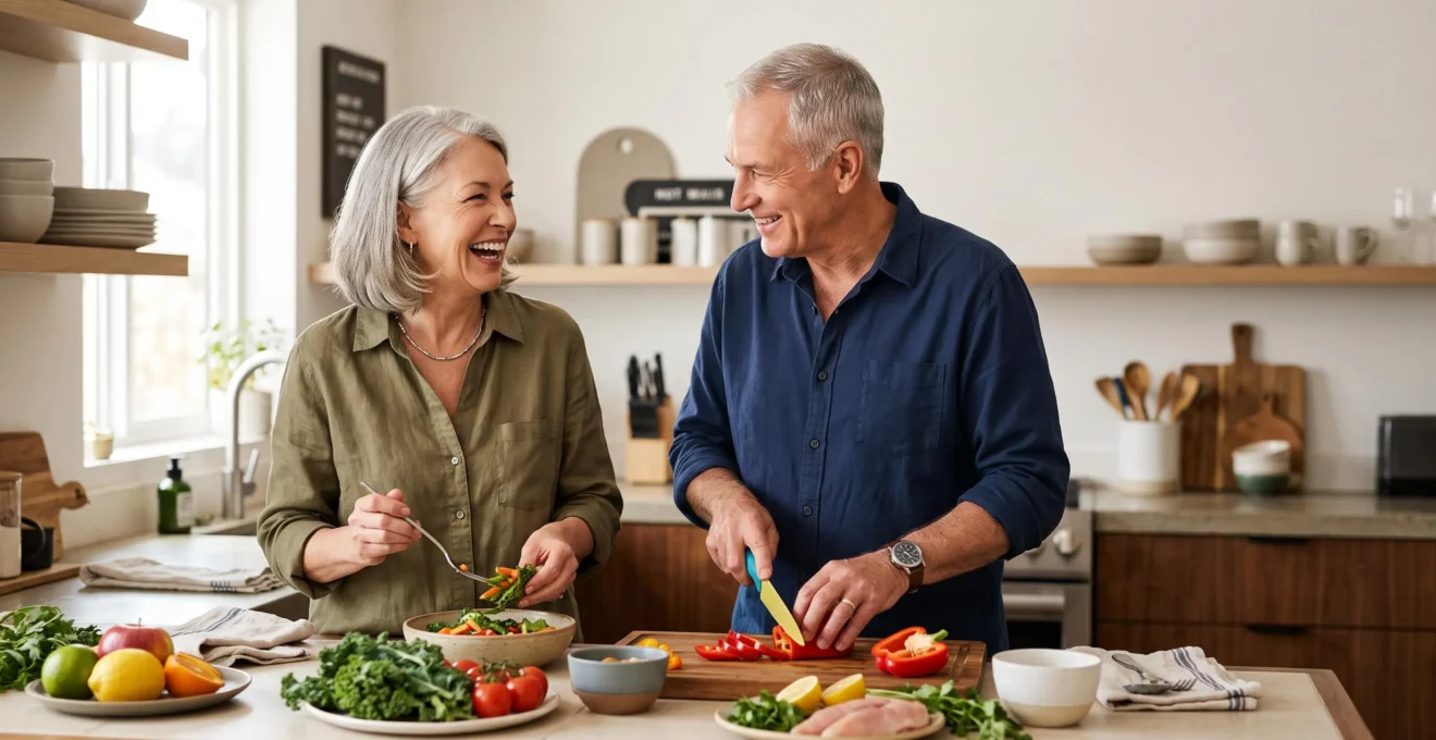 An active senior couple preparing a nutrient-dense meal together in a sunlit kitchen, symbolizing healthy metabolism management after 60.
