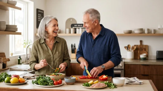 An active senior couple preparing a nutrient-dense meal together in a sunlit kitchen, symbolizing healthy metabolism management after 60.