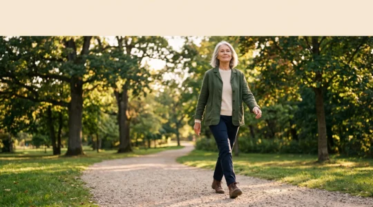 An older adult standing confidently outdoors in soft morning light, embodying vitality and renewed physical independence.