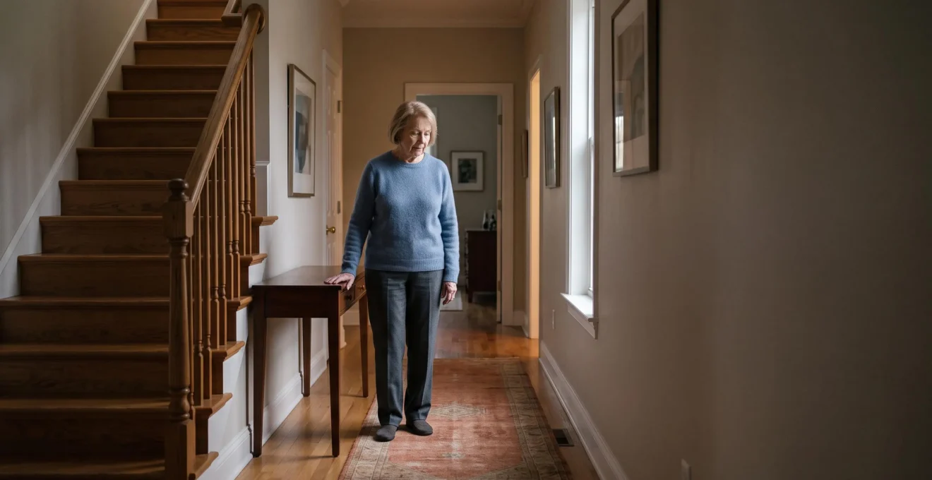 Wide editorial photograph of a bright, softly lit home hallway symbolizing hidden fall risks for older adults