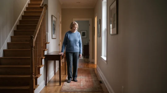 Wide editorial photograph of a bright, softly lit home hallway symbolizing hidden fall risks for older adults