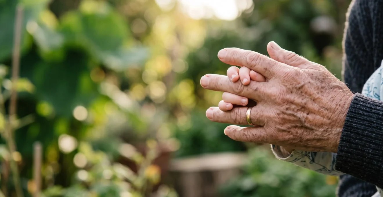 Extreme close-up of an elderly hand and a child's hand touching mid-air like interlocking puzzle pieces, symbolizing the cognitive bond between generations