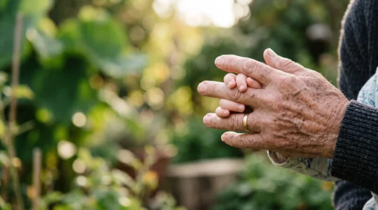 Extreme close-up of an elderly hand and a child's hand touching mid-air like interlocking puzzle pieces, symbolizing the cognitive bond between generations