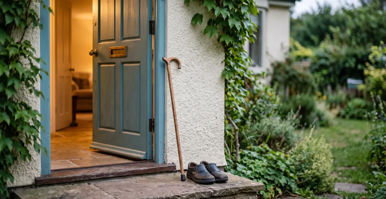 A softly lit open front door of a home with warm light spilling onto a doormat, symbolizing the balance between accepting help and staying independent