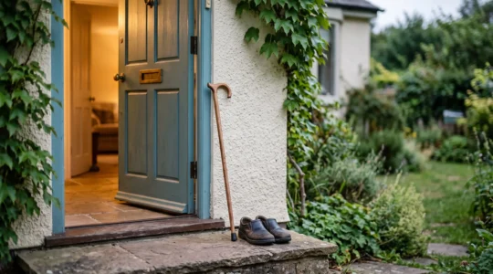 A softly lit open front door of a home with warm light spilling onto a doormat, symbolizing the balance between accepting help and staying independent