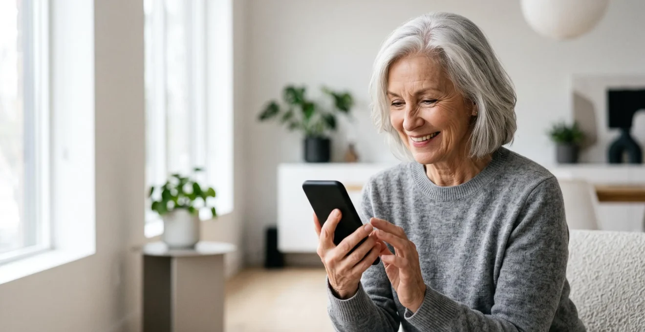 An older adult confidently interacting with sleek modern technology in a bright, welcoming home, symbolizing technology designed for aging well