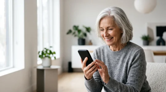 An older adult confidently interacting with sleek modern technology in a bright, welcoming home, symbolizing technology designed for aging well