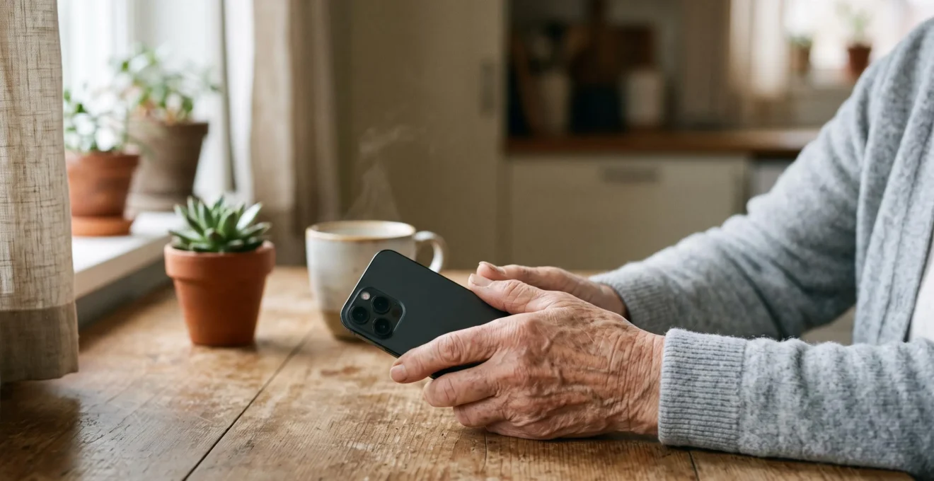 Close view of an older adult's hands holding a smartphone during a morning routine, symbolizing daily health reminders