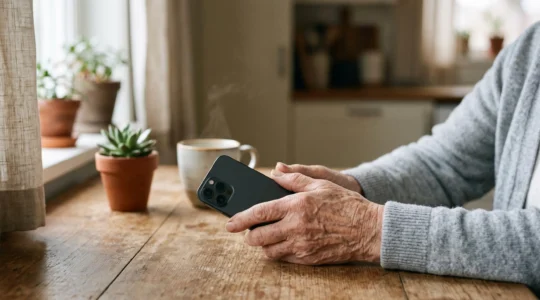 Close view of an older adult's hands holding a smartphone during a morning routine, symbolizing daily health reminders
