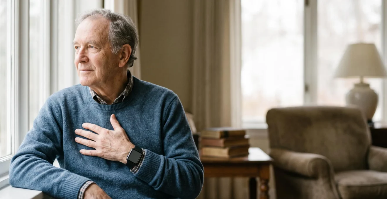 Close-up of an older adult's wrist wearing a plain smartwatch with a hand resting gently over the chest, symbolizing personal heart health awareness.