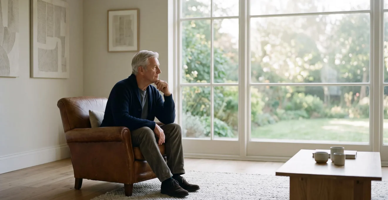 An older man sitting alone by a sunlit window in a comfortable, well-appointed home, looking out with a pensive expression