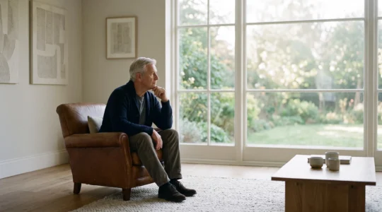 An older man sitting alone by a sunlit window in a comfortable, well-appointed home, looking out with a pensive expression