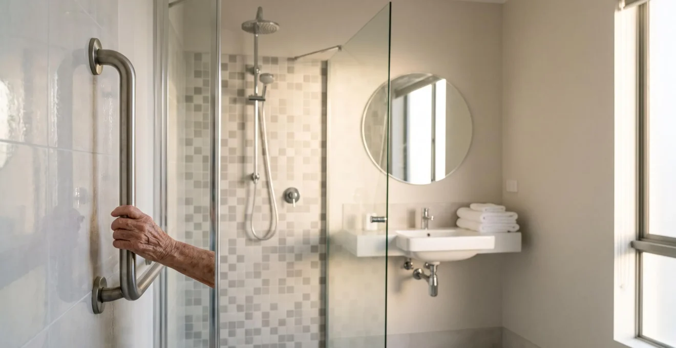 A softly lit modern bathroom showing a sturdy wall-mounted grab bar beside a walk-in shower, symbolizing safety and independence for seniors
