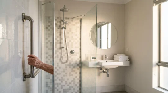 A softly lit modern bathroom showing a sturdy wall-mounted grab bar beside a walk-in shower, symbolizing safety and independence for seniors