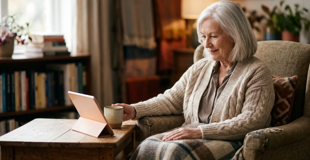 An elderly person sitting comfortably at home during a warm, reassuring video consultation with their doctor