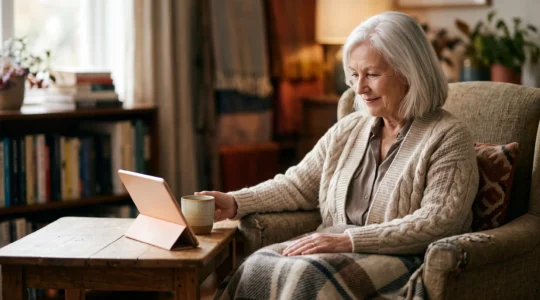 An elderly person sitting comfortably at home during a warm, reassuring video consultation with their doctor
