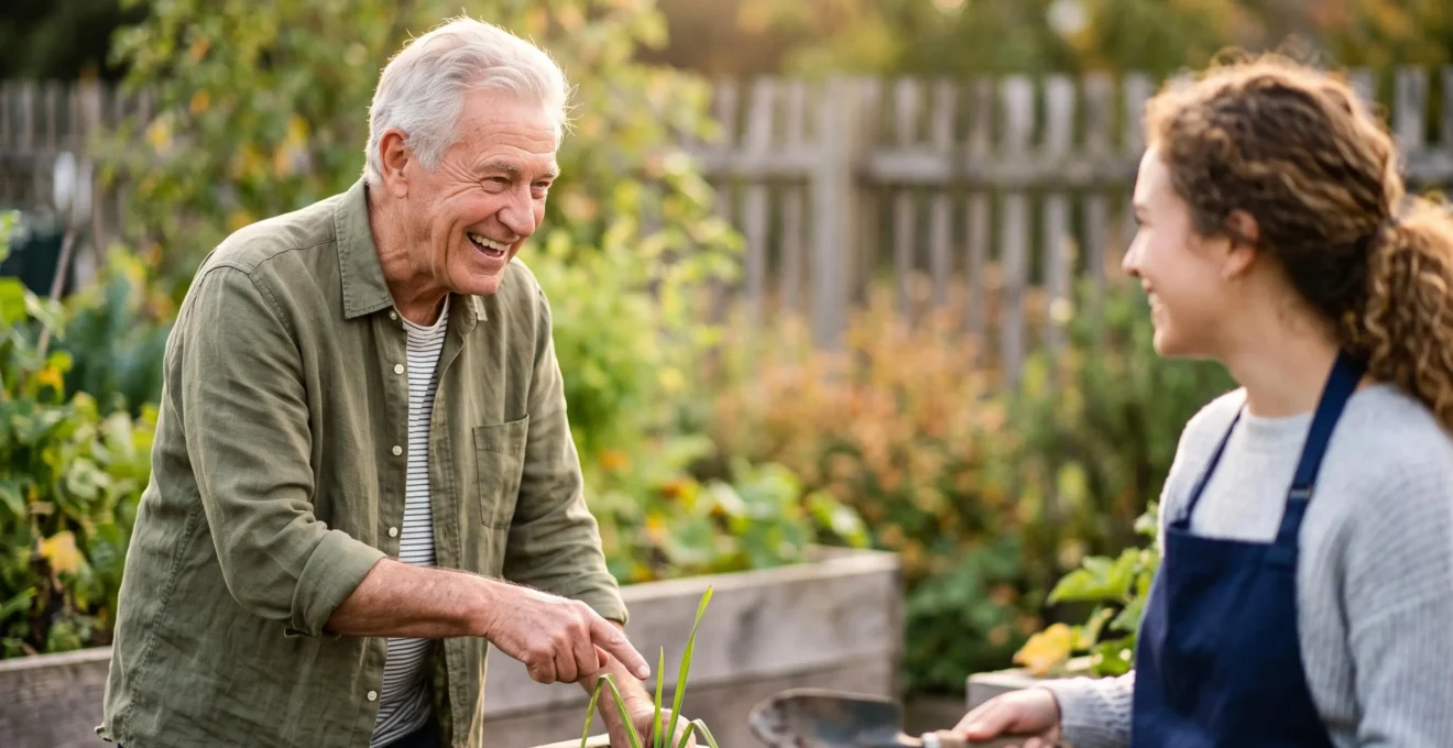 An elderly volunteer sharing a warm, genuine moment while helping in a community setting, symbolizing the link between giving time and living longer.