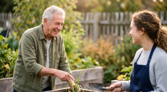 An elderly volunteer sharing a warm, genuine moment while helping in a community setting, symbolizing the link between giving time and living longer.