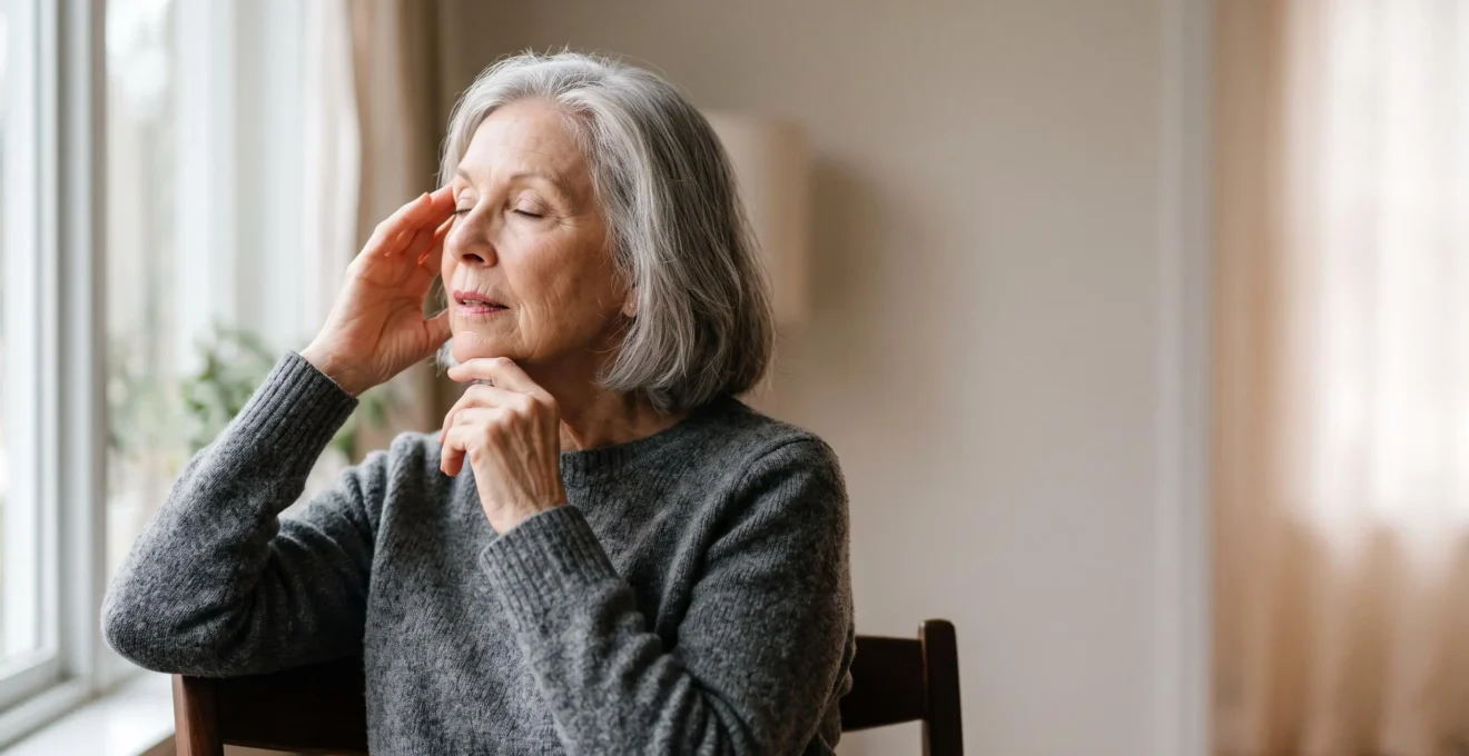 Close-up portrait of a joyful senior woman engaged in focused learning, symbolizing cognitive vitality through language study