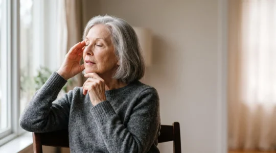Close-up portrait of a joyful senior woman engaged in focused learning, symbolizing cognitive vitality through language study