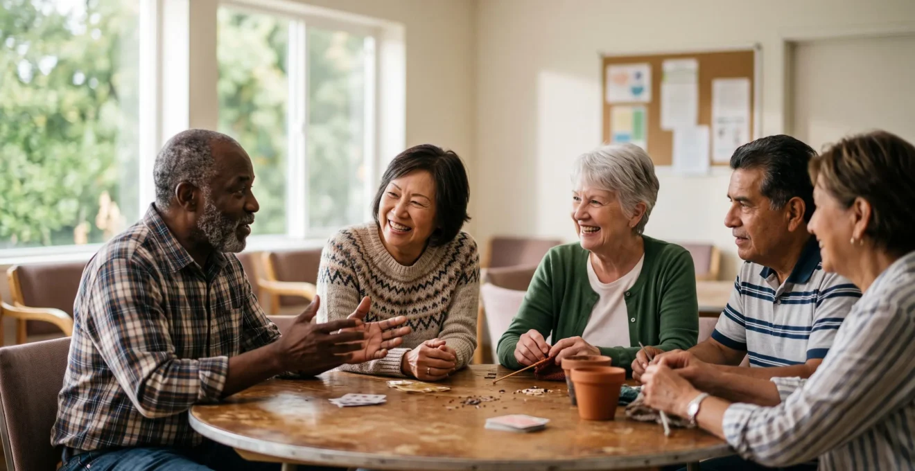 Elderly friends laughing together during a shared club activity, symbolizing longevity through social connection