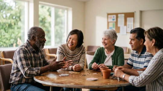 Elderly friends laughing together during a shared club activity, symbolizing longevity through social connection