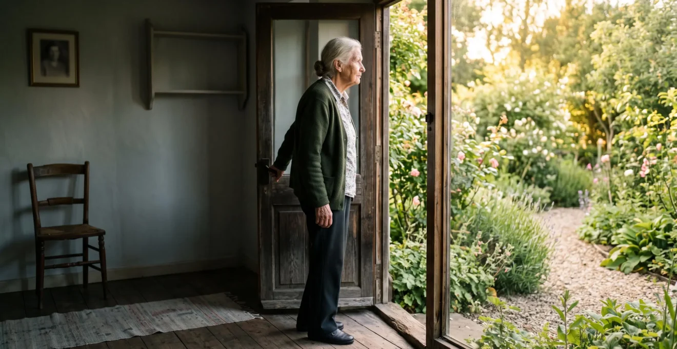 An older adult standing at a doorway between a dim room and a bright sunlit garden, symbolizing the choice to focus on hope rather than loss in later life