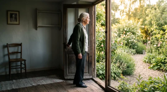 An older adult standing at a doorway between a dim room and a bright sunlit garden, symbolizing the choice to focus on hope rather than loss in later life