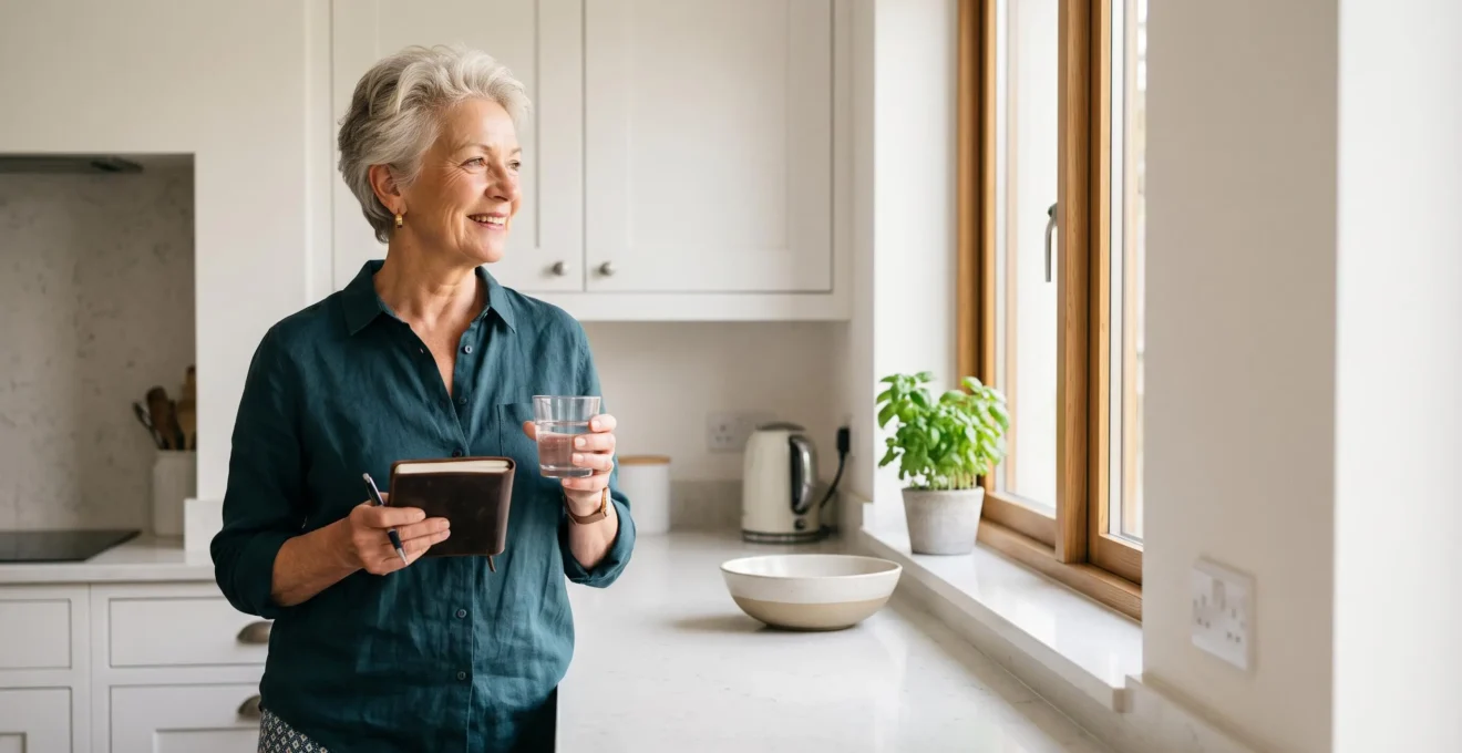 Older woman calmly reviewing her personal health routine in a bright, minimalist home, symbolizing active self-management after 65