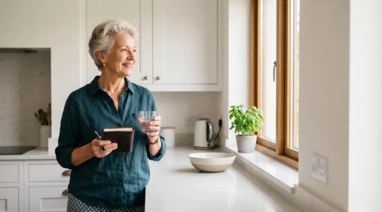 Older woman calmly reviewing her personal health routine in a bright, minimalist home, symbolizing active self-management after 65